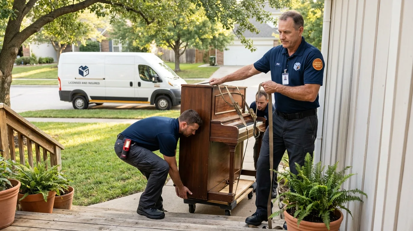 Licensed piano movers securing grand piano in East Petersburg, PA
