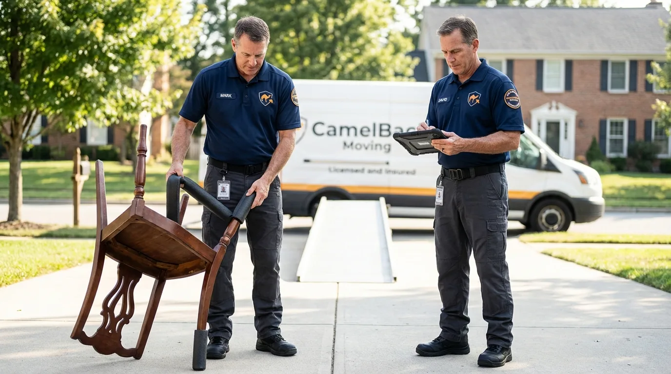 Movers inspecting furniture for damage prevention before loading in East Petersburg, PA