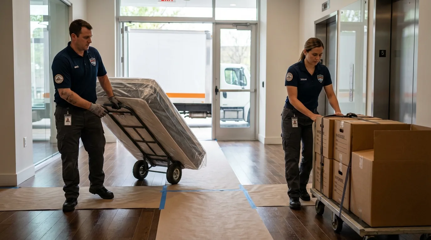 Professional apartment movers loading elevator in East Petersburg, PA
