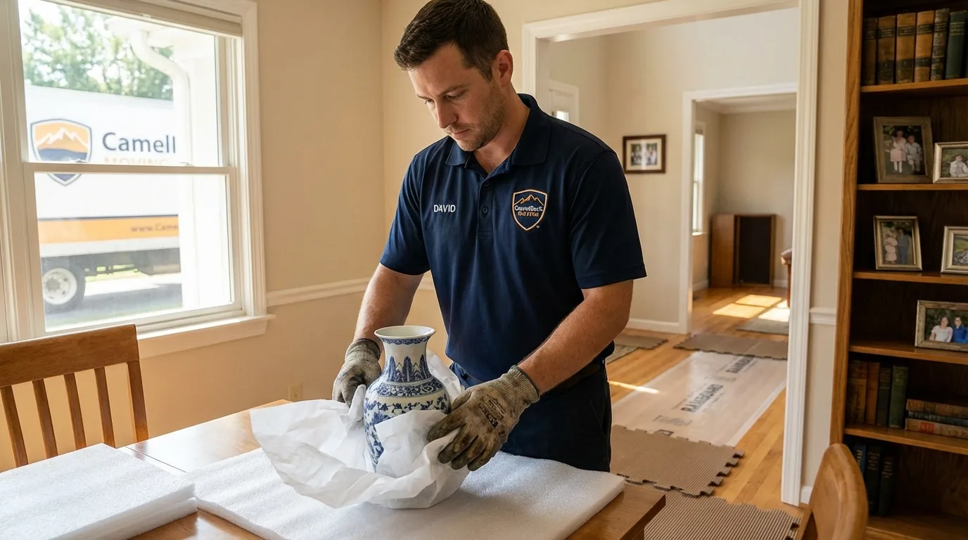 Professional crew carefully wrapping antique vase for senior downsizing move in East Petersburg, PA